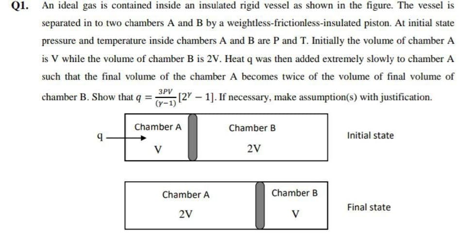 Q1.
An ideal gas is contained inside an insulated rigid vessel as shown in the figure. The vessel is
separated in to two chambers A and B by a weightless-frictionless-insulated piston. At initial state
pressure and temperature inside chambers A and B are P and T. Initially the volume of chamber A
is V while the volume of chamber B is 2V. Heat q was then added extremely slowly to chamber A
such that the final volume of the chamber A becomes twice of the volume of final volume of
3PV
chamber B. Show that q =
[2 – 1]. If necessary, make assumption(s) with justification.
(y-1)
Chamber A
Chamber B
Initial state
2V
Chamber A
Chamber B
Final state
2V
V
