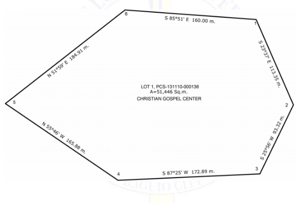 6
S 85°51' E 160.00 m.
N 51°59' E 184.91 m.
LOT 1, PCS-131110-000136
A-51,446 Sq.m.
CHRISTIAN GOSPEL CENTER
N 55°46' W 165.88 m.
3
S 87°25' W 172.89 m.
S 23°37 E 113.35 m.
2.
S 25 56' W 93.32 m.
