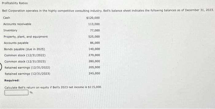 Profitability Ratios
Bell Corporation operates in the highly competitive consulting industry. Bell's balance sheet indicates the following balances as of December 31, 2023.
Cash
Accounts receivable
Inventory
Property, plant, and equipment
Accounts payable
Bonds payable (due in 2025)
Common stock (12/31/2022)
Common stock (12/31/2023)
Retained earnings (12/31/2022)
Retained earnings (12/31/2023)
Required:
$120,000
113,000
77,000
525,000
86,000
140,000
270,000
280,000
205,000
245,000
Calculate Bell's return on equity if Bell's 2023 net income is $115,000.
%