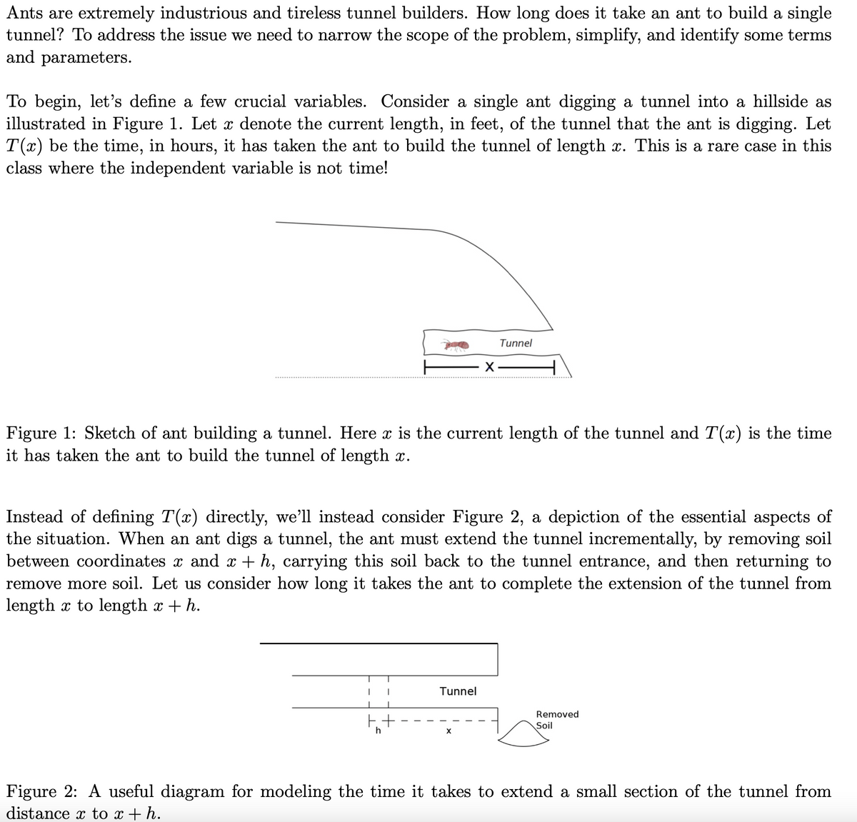 Ants are extremely industrious and tireless tunnel builders. How long does it take an ant to build a single
tunnel? To address the issue we need to narrow the scope of the problem, simplify, and identify some terms
and parameters.
To begin, let's define a few crucial variables. Consider a single ant digging a tunnel into a hillside as
illustrated in Figure 1. Let x denote the current length, in feet, of the tunnel that the ant is digging. Let
T(x) be the time, in hours, it has taken the ant to build the tunnel of length x. This is a rare case in this
class where the independent variable is not time!
Tunnel
Figure 1: Sketch of ant building a tunnel. Here x is the current length of the tunnel and T(x) is the time
it has taken the ant to build the tunnel of length x.
E+
h
X-
Instead of defining T(x) directly, we'll instead consider Figure 2, a depiction of the essential aspects of
the situation. When an ant digs a tunnel, the ant must extend the tunnel incrementally, by removing soil
between coordinates x and x + h, carrying this soil back to the tunnel entrance, and then returning to
remove more soil. Let us consider how long it takes the ant to complete the extension of the tunnel from
length x to length x + h.
Tunnel
Removed
Soil
Figure 2: A useful diagram for modeling the time it takes to extend a small section of the tunnel from
distance x to x + h.