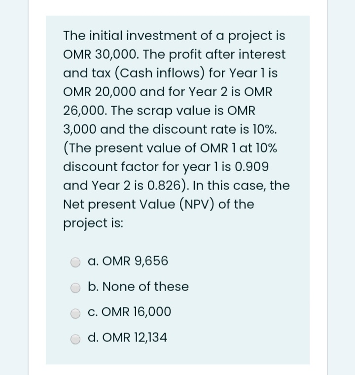 The initial investment of a project is
OMR 30,000. The profit after interest
and tax (Cash inflows) for Year 1 is
OMR 20,000 and for Year 2 is OMR
26,000. The scrap value is OMR
3,000 and the discount rate is 10%.
(The present value of OMR 1 at 10%
discount factor for year 1 is 0.909
and Year 2 is 0.826). In this case, the
Net present Value (NPV) of the
project is:
a. OMR 9,656
b. None of these
c. OMR 16,000
d. OMR 12,134
