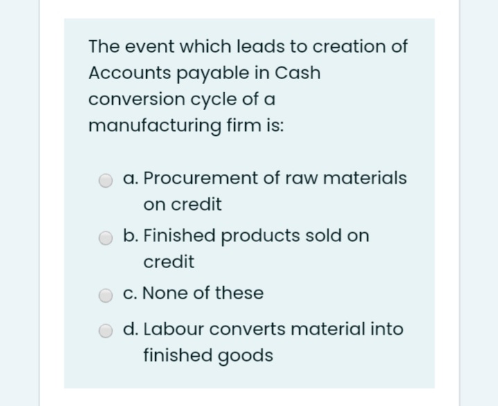 The event which leads to creation of
Accounts payable in Cash
conversion cycle of a
manufacturing firm is:
a. Procurement of raw materials
on credit
b. Finished products sold on
credit
c. None of these
d. Labour converts material into
finished goods
