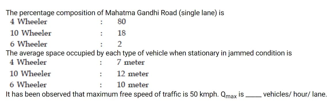 The percentage composition of Mahatma Gandhi Road (single lane) is
4 Wheeler
80
10 Wheeler
18
6 Wheeler
The average space occupied by each type of vehicle when stationary in jammed condition is
4 Wheeler
:
7 meter
10 Wheeler
:
12 meter
6 Wheeler
:
10 meter
It has been observed that maximum free speed of traffic is 50 kmph. Qmax is,
vehicles/ hour/ lane.
