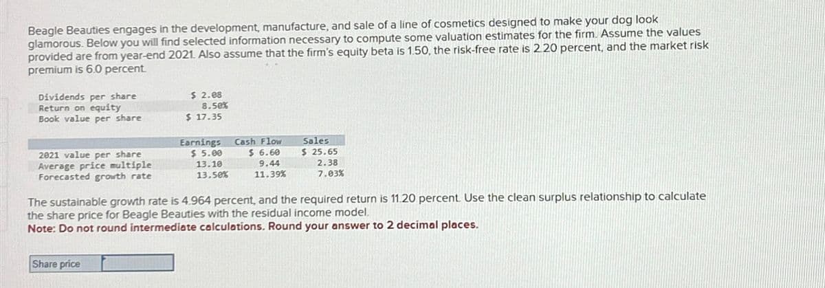 Beagle Beauties engages in the development, manufacture, and sale of a line of cosmetics designed to make your dog look
glamorous. Below you will find selected information necessary to compute some valuation estimates for the firm. Assume the values
provided are from year-end 2021. Also assume that the firm's equity beta is 1.50, the risk-free rate is 2.20 percent, and the market risk
premium is 6.0 percent.
Dividends per share
Return on equity
Book value per share
2021 value per share
Average price multiple
Forecasted growth rate
$ 2.08
Share price
8.50%
$ 17.35
Earnings
$ 5.00
13.10
13.50%
Cash Flow
$6.60
9.44
11.39%
Sales
$ 25.65
2.38
7.03%
The sustainable growth rate is 4.964 percent, and the required return is 11.20 percent. Use the clean surplus relationship to calculate
the share price for Beagle Beauties with the residual income model.
Note: Do not round intermediate calculations. Round your answer to 2 decimal places.