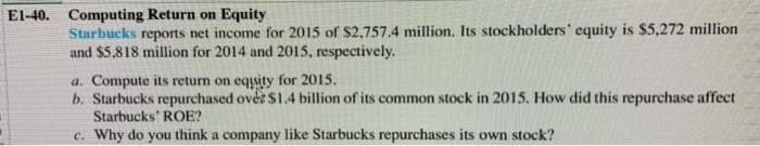 E1-40. Computing Return on Equity
Starbucks reports net income for 2015 of $2,757.4 million. Its stockholders' equity is $5,272 million
and $5,818 million for 2014 and 2015, respectively.
a. Compute its return on equity for 2015.
b. Starbucks repurchased over $1.4 billion of its common stock in 2015. How did this repurchase affect
Starbucks' ROE?
c. Why do you think a company like Starbucks repurchases its own stock?