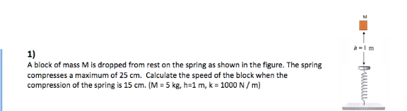 -1m
1)
A block of mass M is dropped from rest on the spring as shown in the figure. The spring
compresses a maximum of 25 cm. Calculate the speed of the block when the
compression of the spring is 15 cm. (M = 5 kg, h=1 m, k = 1000 N / m)
-Aumu-
