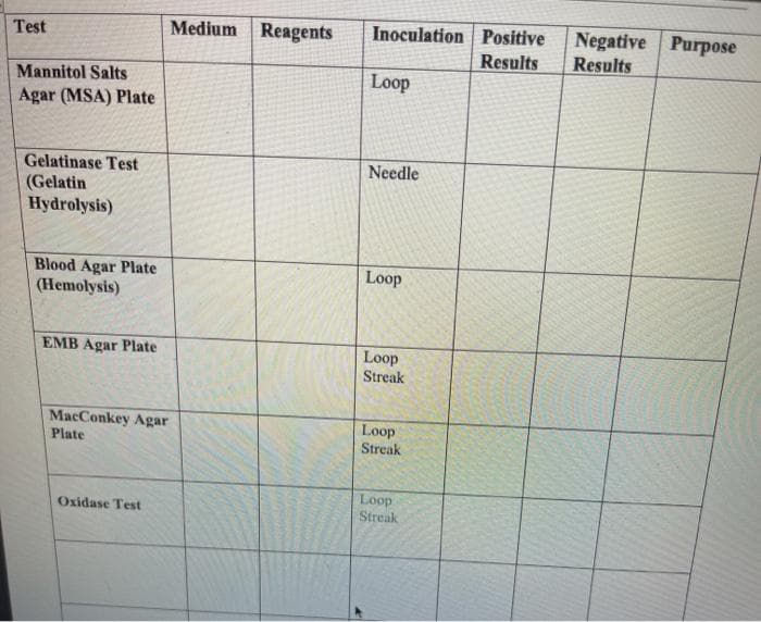 Negative Purpose
Results
Test
Medium
Reagents
Inoculation Positive
Results
Mannitol Salts
Loop
Agar (MSA) Plate
Gelatinase Test
(Gelatin
Hydrolysis)
Needle
Blood Agar Plate
Loop
(Hemolysis)
EMB Agar Plate
Loop
Streak
MacConkey Agar
Plate
Loop
Streak
Loop
Streak
Oxidase Test
