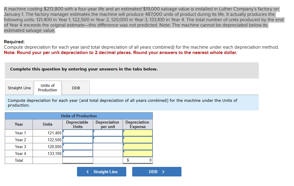 A machine costing $213,800 with a four-year life and an estimated $19,000 salvage value is installed in Luther Company's factory on
January 1. The factory manager estimates the machine will produce 487,000 units of product during its life. It actually produces the
following units: 121,400 in Year 1, 122,500 in Year 2, 120,000 in Year 3, 133,100 in Year 4. The total number of units produced by the end
of Year 4 exceeds the original estimate-this difference was not predicted. Note: The machine cannot be depreciated below its
estimated salvage value.
Required:
Compute depreciation for each year (and total depreciation of all years combined) for the machine under each depreciation method.
Note: Round your per unit depreciation to 2 decimal places. Round your answers to the nearest whole dollar.
Complete this question by entering your answers in the tabs below.
Straight Line
Units of
Production
Year
Year 1
Year 2
Year 3
Year 4
Total
Compute depreciation for each year (and total depreciation of all years combined) for the machine under the Units of
production.
Units
DDB
Units of Production
Depreciable
Units
121,400
122,500
120,000
133,100
Depreciation
per unit
< Straight Line
Depreciation
Expense
$
0
DDB >