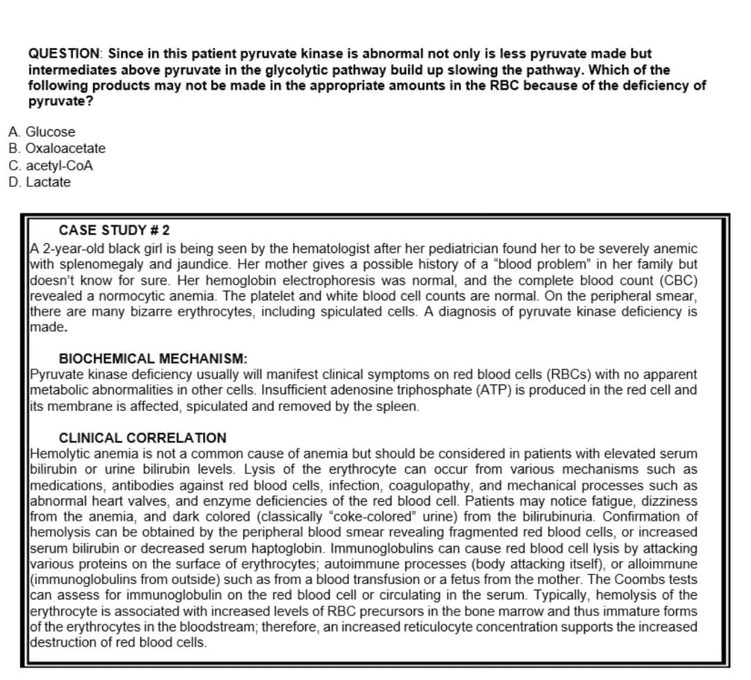 QUESTION: Since in this patient pyruvate kinase is abnormal not only is less pyruvate made but
intermediates above pyruvate in the glycolytic pathway build up slowing the pathway. Which of the
following products may not be made in the appropriate amounts in the RBC because of the deficiency of
pyruvate?
A. Glucose
B. Oxaloacetate
C. acetyl-CoA
D. Lactate
CASE STUDY # 2
A 2-year-old black girl is being seen by the hematologist after her pediatrician found her to be severely anemic
with splenomegaly and jaundice. Her mother gives a possible history of a "blood problem" in her family but
doesn't know for sure. Her hemoglobin electrophoresis was normal, and the complete blood count (CBC)
revealed a normocytic anemia. The platelet and white blood cell counts are normal. On the peripheral smear,
there are many bizarre erythrocytes, including spiculated cells. A diagnosis of pyruvate kinase deficiency is
made.
BIOCHEMICAL MECHANISM:
Pyruvate kinase deficiency usually will manifest clinical symptoms on red blood cells (RBCS) with no apparent
metabolic abnormalities in other cells. Insufficient adenosine triphosphate (ATP) is produced in the red cell and
its membrane is affected, spiculated and removed by the spleen.
CLINICAL CORRELATION
Hemolytic anemia is not a common cause of anemia but should be considered in patients with elevated serum
bilirubin or urine bilirubin levels. Lysis of the erythrocyte can occur from various mechanisms such as
medications, antibodies against red blood cells, infection, coagulopathy, and mechanical processes such as
abnormal heart valves, and enzyme deficiencies of the red blood cell. Patients may notice fatigue, dizziness
from the anemia, and dark colored (classically "coke-colored" urine) from the bilirubinuria. Confirmation of
hemolysis can be obtained by the peripheral blood smear revealing fragmented red blood cells, or increased
serum bilirubin or decreased serum haptoglobin. Immunoglobulins can cause red blood cell lysis by attacking
various proteins on the surface of erythrocytes; autoimmune processes (body attacking itself), or alloimmune
(immunoglobulins from outside) such as from a blood transfusion or a fetus from the mother. The Coombs tests
can assess for immunoglobulin on the red blood cell or circulating in the serum. Typically, hemolysis of the
erythrocyte is associated with increased levels of RBC precursors in the bone marrow and thus immature forms
of the erythrocytes in the bloodstream; therefore, an increased reticulocyte concentration supports the increased
destruction of red blood cells.
