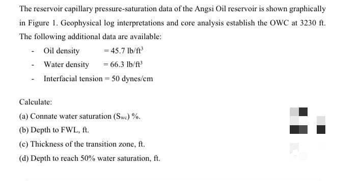 The reservoir capillary pressure-saturation data of the Angsi Oil reservoir is shown graphically
in Figure 1. Geophysical log interpretations and core analysis establish the OWC at 3230 ft.
The following additional data are available:
- Oil density
= 45.7 lb/ft
Water density
= 66.3 lb/ft
Interfacial tension = 50 dynes/cm
Calculate:
(a) Connate water saturation (Swc) %.
(b) Depth to FWL, ft.
(c) Thickness of the transition zone, ft.
(d) Depth to reach 50% water saturation, ft.
