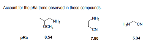 Account for the pKa trend observed in these compounds.
NH2
`NH2
ÓCH3
H,N
CN
CN
pka
8.54
7.80
5.34
