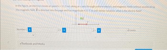 In the figure, an electron moves at speed v-51.2 m/s along an x axis through uniform electric and magnetic fields without accelerating.
The magnetic field B is directed into the page and has magnitude 4,51 T. In unit-vector notation, what is the electric field?
Number (I
eTextbook and Media
A) Units