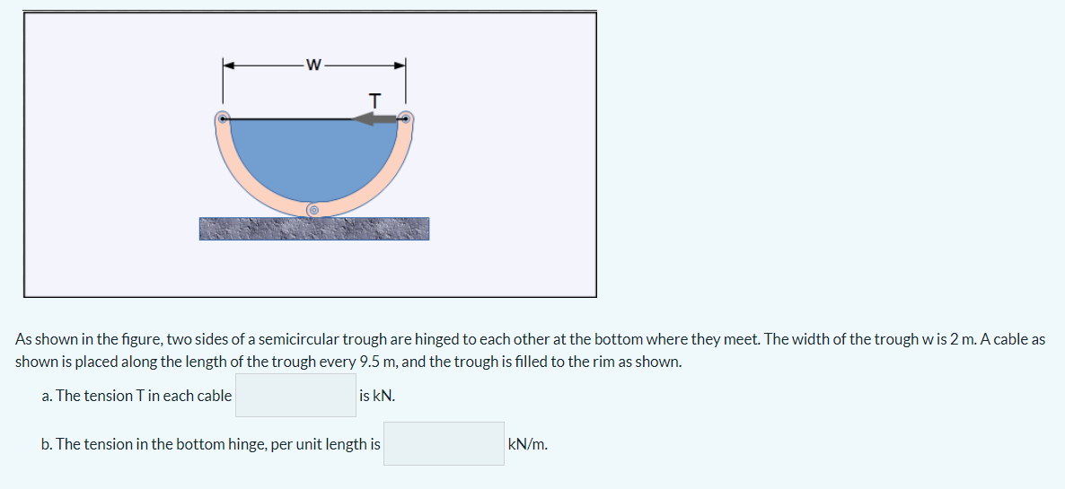 T
As shown in the figure, two sides of a semicircular trough are hinged to each other at the bottom where they meet. The width of the trough w is 2 m. A cable as
shown is placed along the length of the trough every 9.5 m, and the trough is filled to the rim as shown.
a. The tension T in each cable
is kN.
b. The tension in the bottom hinge, per unit length is
kN/m.