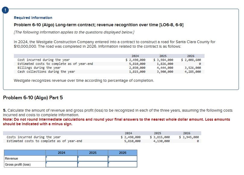 Required Information
Problem 6-10 (Algo) Long-term contract; revenue recognition over time [LO6-8, 6-9]
[The following Information applies to the questions displayed below.]
In 2024, the Westgate Construction Company entered into a contract to construct a road for Santa Clara County for
$10,000,000. The road was completed in 2026. Information related to the contract is as follows:
Cost incurred during the year
Estimated costs to complete as of year-end
2024
2025
2026
$ 2,490,000
5,810,000
2,030,000
$ 3,984,000
1,826,000
4,444,000
$ 2,008,600
e
3,900,000
3,526,000
4,285,000
Billings during the year
Cash collections during the year
1,815,000
Westgate recognizes revenue over time according to percentage of completion.
Problem 6-10 (Algo) Part 5
5. Calculate the amount of revenue and gross profit (loss) to be recognized in each of the three years, assuming the following costs
Incurred and costs to complete Information.
Note: Do not round Intermediate calculations and round your final answers to the nearest whole dollar amount. Loss amounts
should be indicated with a minus sign.
Costs incurred during the year
Estimated costs to complete as of year-end
Revenue
Gross profit (loss)
2024
2024
$ 2,490,000
5,810,000
2025
$ 3,815,000
4,130,000
2026
$ 3,945,000
2025
2026