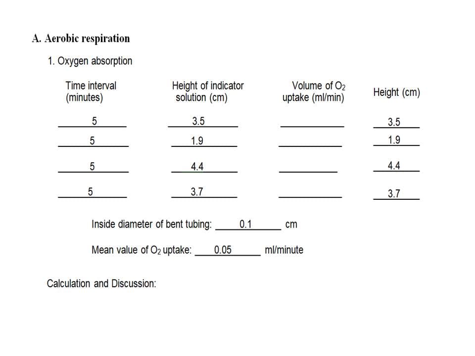 A. Aerobic respiration
1. Oxygen absorption
Time interval
(minutes)
5
5
5
5
Height of indicator
solution (cm)
Calculation and Discussion:
3.5
1.9
4.4
3.7
Inside diameter of bent tubing:
Mean value of O2 uptake: 0.05
0.1
Volume of O2
uptake (ml/min)
cm
ml/minute
Height (cm)
3.5
1.9
4.4
3.7