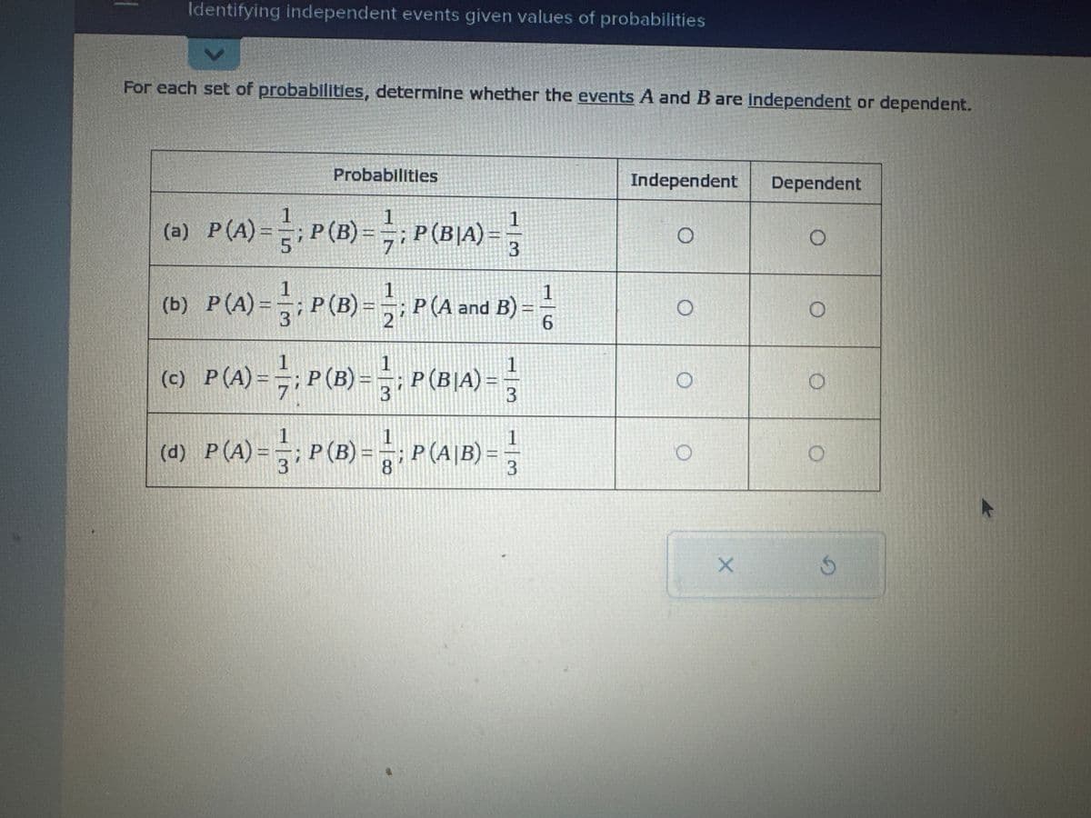 Identifying independent events given values of probabilities
For each set of probabilities, determine whether the events A and B are independent or dependent.
Probabilities
1
(a) P(A) = P(B) = ; P (BIA) -
5
7
1
1
(b) P (A) = ¹; P (B) = —; P (A and B) = 1
3
2
6
1
1
(c) P (A) = — ; P (B) = — ; P (B[A) =
==
3
3
(d) P (A) = ¹
-1;
; P (B) = ¹; P (A|B) = =
3
8
3
Independent
O
O
O
O
X
Dependent
O
O
O
O
5