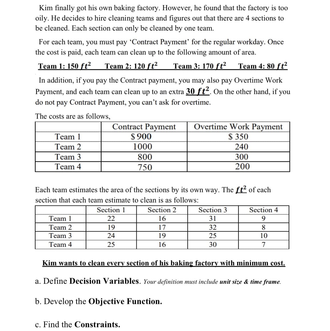 Kim finally got his own baking factory. However, he found that the factory is too
oily. He decides to hire cleaning teams and figures out that there are 4 sections to
be cleaned. Each section can only be cleaned by one team.
For each team, you must pay 'Contract Payment' for the regular workday. Once
the cost is paid, each team can clean up to the following amount of area.
Team 1: 150 ft²
Team 2: 120 ft² Team 3: 170 ft² Team 4: 80 ft²
In addition, if you pay the Contract payment, you may also pay Overtime Work
Payment, and each team can clean up to an extra 30 ft². On the other hand, if you
do not pay Contract Payment, you can't ask for overtime.
The costs are as follows,
Team 1
Team 2
Team 3
Team 4
Contract Payment
$900
1000
Team 1
Team 2
Team 3
Team 4
Each team estimates the area of the sections by its own way. The ft² of each
section that each team estimate to clean is as follows:
Section 1
22
19
24
25
800
750
Section 2
16
17
19
16
c. Find the Constraints.
Overtime Work Payment
$350
240
300
200
b. Develop the Objective Function.
Section 3
31
32
25
30
Kim wants to clean every section of his baking factory with minimum cost.
Section 4
9
8
10
7
a. Define Decision Variables. Your definition must include unit size & time frame.