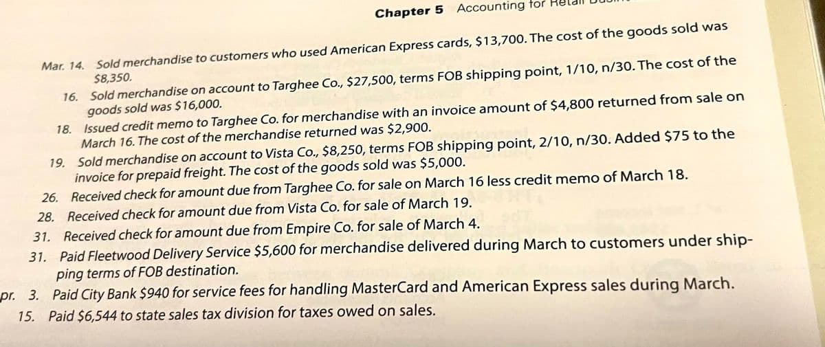 Chapter 5 Accounting for
Mar. 14.
Sold merchandise to customers who used American Express cards, $13,700. The cost of the goods sold was
$8,350.
16.
Sold merchandise on account to Targhee Co., $27,500, terms FOB shipping point, 1/10, n/30. The cost of the
goods sold was $16,000.
18.
Issued credit memo to Targhee Co. for merchandise with an invoice amount of $4,800 returned from sale on
March 16. The cost of the merchandise returned was $2,900.
19.
Sold merchandise on account to Vista Co., $8,250, terms FOB shipping point, 2/10, n/30. Added $75 to the
invoice for prepaid freight. The cost of the goods sold was $5,000.
26. Received check for amount due from Targhee Co. for sale on March 16 less credit memo of March 18.
28. Received check for amount due from Vista Co. for sale of March 19.
31. Received check for amount due from Empire Co. for sale of March 4.
31.
Paid Fleetwood Delivery Service $5,600 for merchandise delivered during March to customers under ship-
ping terms of FOB destination.
pr. 3. Paid City Bank $940 for service fees for handling MasterCard and American Express sales during March.
15. Paid $6,544 to state sales tax division for taxes owed on sales.