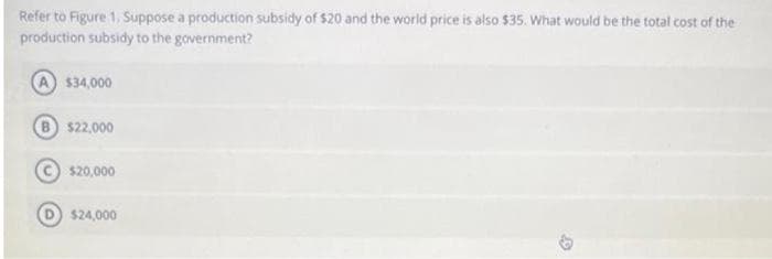 9
Refer to Figure 1. Suppose a production subsidy of $20 and the world price is also $35. What would be the total cost of the
production subsidy to the government?
A $34,000
B $22,000
$20,000
$24,000