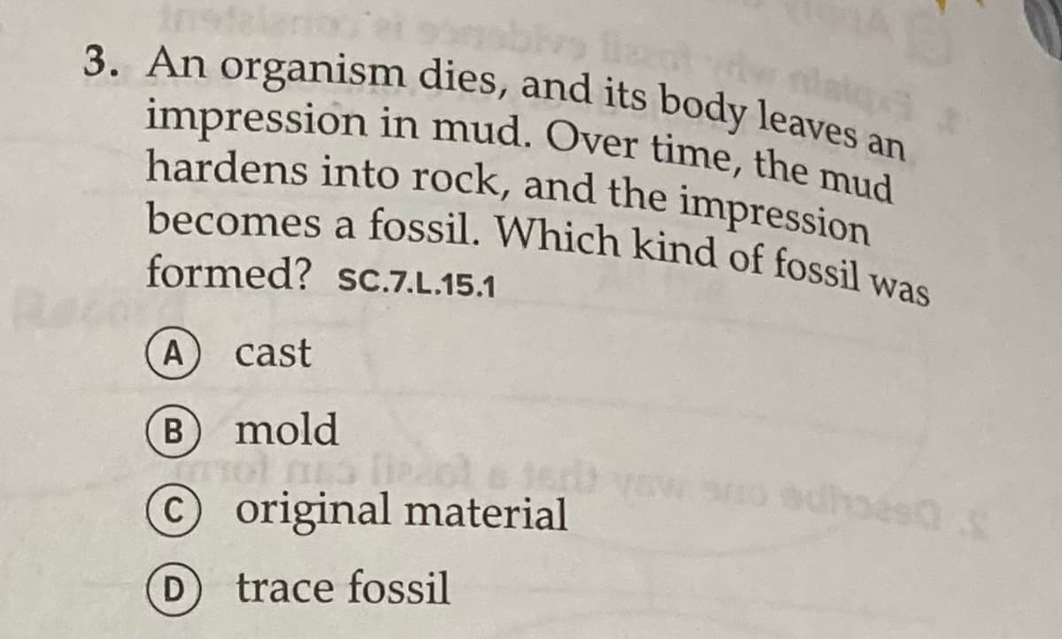 fezot dw s
impression in mud. Over time, the mud
hardens into rock, and the impression
becomes a fossil. Which kind of fossil was
3. An organism dies, and its body leaves an
formed? sC.7.L.15.1
A
cast
(в
mold
ol e sed
original material
adhoes.c
C
D
trace fossil
