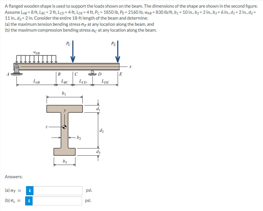 A flanged wooden shape is used to support the loads shown on the beam. The dimensions of the shape are shown in the second figure.
Assume LAB = 8 ft, Lac = 2 ft, Lcp = 4 ft, LDE = 4 ft, Pc= 1850 lb, PE = 2160 lb, WAB = 830 lb/ft, b1 = 10 in., b₂ = 2 in., b3 = 6 in., d₁ = 2 in., d₂ =
11 in., d3 = 2 in. Consider the entire 18-ft length of the beam and determine:
(a) the maximum tension bending stress o at any location along the beam, and
(b) the maximum compression bending stress oc at any location along the beam.
Answers:
(a) OT =
(b) oc= i
i
WAB
LAB
B
Pc
LBC
b₁
b3
C
LCD
-b₂
psi.
psi.
D
d₁
LDE
d₂
d3
PE
E
X