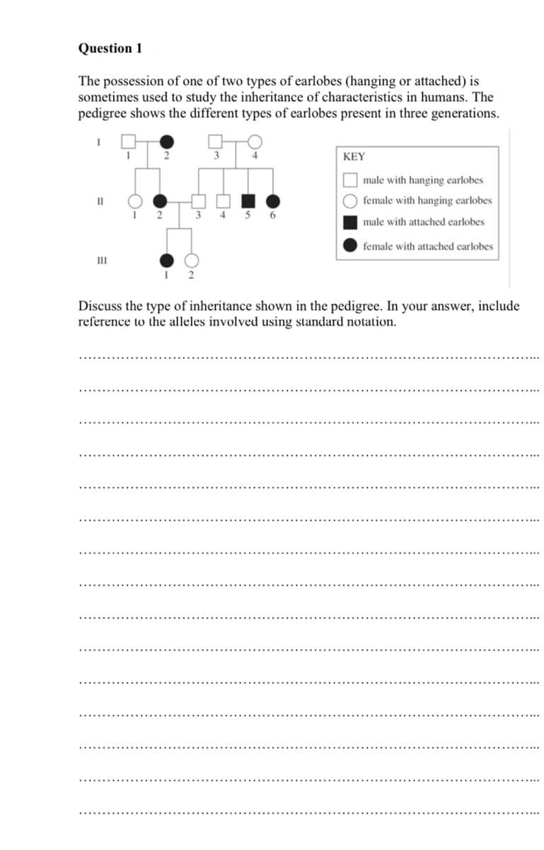 Question 1
The possession of one of two types of earlobes (hanging or attached) is
sometimes used to study the inheritance of characteristics in humans. The
pedigree shows the different types of earlobes present in three generations.
KEY
male with hanging earlobes
II
female with hanging earlobes
male with attached earlobes
female with attached earlobes
III
Discuss the type of inheritance shown in the pedigree. In your answer, include
reference to the alleles involved using standard notation.
