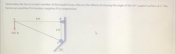 Determine the force in each member of the loaded truss. Discuss the effects of varying the angle of the 56° support surface at C. The
forces are positive if in tension, negative if in compression.
205 lb
8.6
B
3.6
56