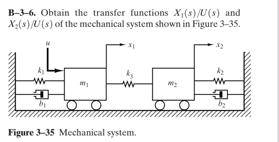 B-3–6. Obtain the transfer functions X1(s)/U(s) and
X2(s)/U(s) of the mechanical system shown in Figure 3–35.
X2
и
k2
m1
m2
b2
bị
Figure 3–35 Mechanical system.
