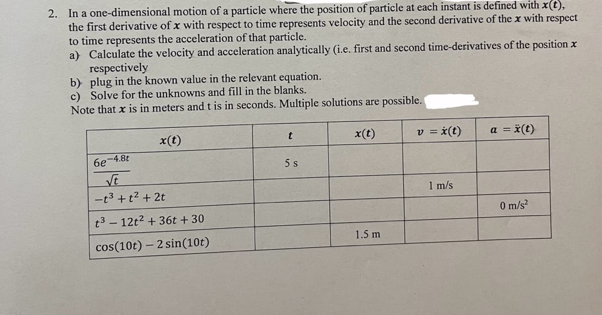2. In a one-dimensional motion of a particle where the position of particle at each instant is defined with x(t),
the first derivative of x with respect to time represents velocity and the second derivative of the x with respect
to time represents the acceleration of that particle.
a) Calculate the velocity and acceleration analytically (i.e. first and second time-derivatives of the position x
respectively
b) plug in the known value in the relevant equation.
c) Solve for the unknowns and fill in the blanks.
Note that x is in meters and t is in seconds. Multiple solutions are possible.
x(t)
x(t)
6e-4.8t
√t
-t³+ t² + 2t
t³-12t² + 36t+30
cos(10t) - 2 sin (10t)
t
5 s
1.5 m
v = x (t)
1 m/s
a = x(t)
0 m/s²