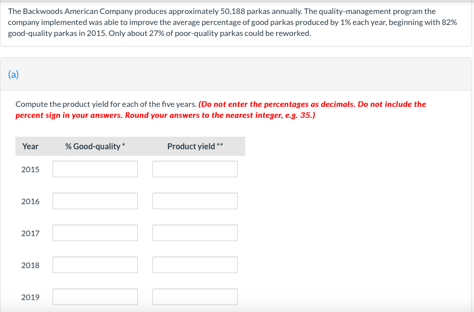 The Backwoods American Company produces approximately 50,188 parkas annually. The quality-management program the
company implemented was able to improve the average percentage of good parkas produced by 1% each year, beginning with 82%
good-quality parkas in 2015. Only about 27% of poor-quality parkas could be reworked.
(a)
Compute the product yield for each of the five years. (Do not enter the percentages as decimals. Do not include the
percent sign in your answers. Round your answers to the nearest integer, e.g. 35.)
Year
% Good-quality *
Product yield **
2015
2016
2017
2018
2019
