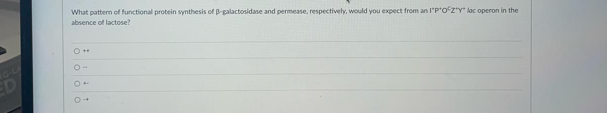 IG-LA
ED
What pattern of functional protein synthesis of ß-galactosidase and permease, respectively, would you expect from an I*P*OCZ+Y+ lac operon in the
absence of lactose?
O ++
O --
O +-
O+