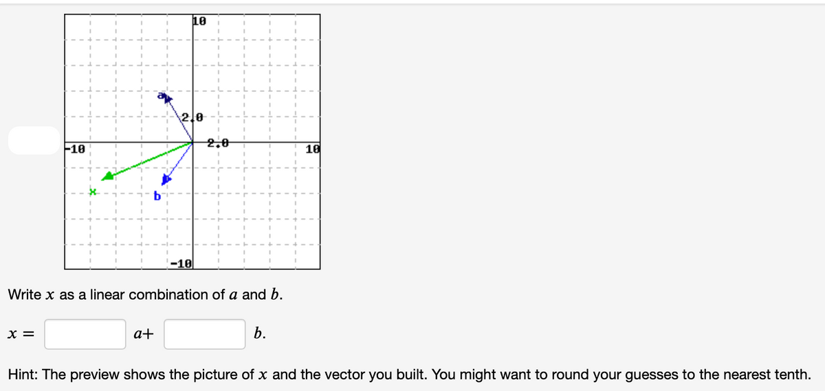 -10
X =
a+
10
2.0
-10
Write x as a linear combination of a and b.
2,0
b.
18
Hint: The preview shows the picture of x and the vector you built. You might want to round your guesses to the nearest tenth.