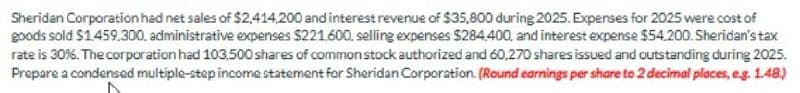 Sheridan Corporation had net sales of $2,414,200 and interest revenue of $35,800 during 2025. Expenses for 2025 were cost of
goods sold $1,459,300, administrative expenses $221,600, selling expenses $284,400, and interest expense $54,200. Sheridan's tax
rate is 30%. The corporation had 103,500 shares of common stock authorized and 60,270 shares issued and outstanding during 2025.
Prepare a condensed multiple-step income statement for Sheridan Corporation. (Round earnings per share to 2 decimal places, e.g. 1.48.)