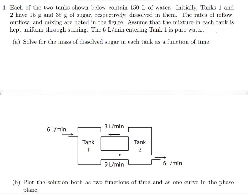 4. Each of the two tanks shown below contain 150 L of water. Initially, Tanks 1 and
2 have 15 g and 35 g of sugar, respectively, dissolved in them. The rates of inflow,
outflow, and mixing are noted in the figure. Assume that the mixture in each tank is
kept uniform through stirring. The 6 L/min entering Tank 1 is pure water.
(a) Solve for the mass of dissolved sugar in each tank as a function of time.
