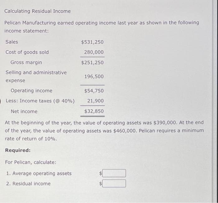 Calculating Residual Income
Pelican Manufacturing earned operating income last year as shown in the following
income statement:
Sales
Cost of goods sold
Gross margin
Selling and administrative
expense
Operating income
Less: Income taxes (@ 40%)
Net income
$531,250
280,000
$251,250
For Pelican, calculate:
1. Average operating assets
2. Residual income
196,500
$54,750
21,900
$32,850
At the beginning of the year, the value of operating assets was $390,000. At the end
was $460,000. Pelican requires a minimum
of the year, the value of operating assets
rate of return of 10%.
Required:
00