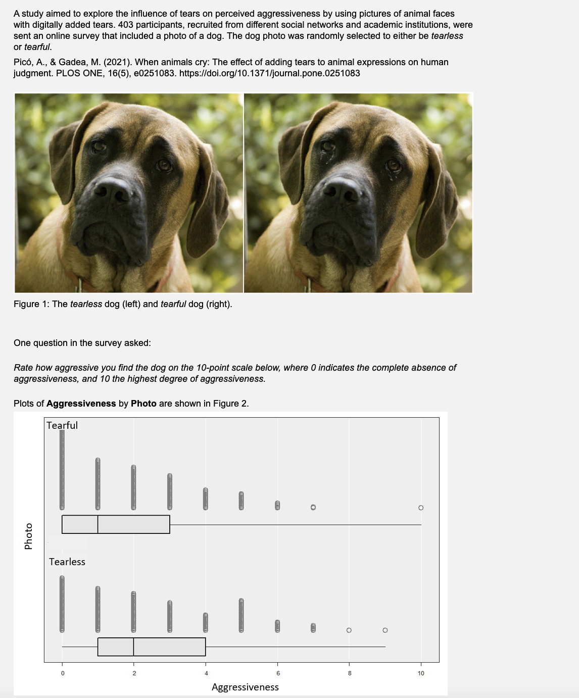 A study aimed to explore the influence of tears on perceived aggressiveness by using pictures of animal faces
with digitally added tears. 403 participants, recruited from different social networks and academic institutions, were
sent an online survey that included a photo of a dog. The dog photo was randomly selected to either be tearless
or tearful.
Picó, A., & Gadea, M. (2021). When animals cry: The effect of adding tears to animal expressions on human
judgment. PLOS ONE, 16(5), e0251083. https://doi.org/10.1371/journal.pone.0251083
Figure 1: The tearless dog (left) and tearful dog (right).
One question in the survey asked:
Rate how aggressive you find the dog on the 10-point scale below, where 0 indicates the complete absence of
aggressiveness, and 10 the highest degree of aggressiveness.
Plots of Aggressiveness by Photo are shown in Figure 2.
Photo
Tearful
Tearless
0
Aggressiveness
O
O
O
O
10