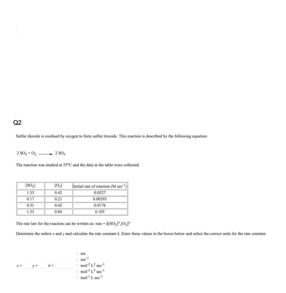 Q2
Sulfur dioxide is oxidised by oxygen to form sulfur trioxide. This reaction is described by the following equation:
2 SO₂ + O₂
The reaction was studied at 55°C and the data in the table were collected.
[SO₂]
1.53
0.17
0.51
1.53
x=
2 SO3
The rate law for the reaction can be written as: rate = k[SO₂]*. [0₂]
Determine the orders x and y and calculate the rate constant k. Enter these values in the boxes below and select the correct units for the rate constant.
k=
[0₂] Initial rate of reaction (M sec¹)
0.42
0.0527
0.21
0.00293
0.42
0.0176
0.84
0.105
sec
O sec-1
mol-² L² sec-1
mol-³ L³ sec-1
mol-¹ L sec-¹