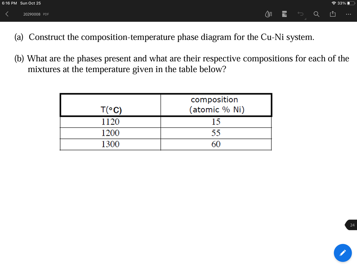 6:16 PM Sun Oct 25
33% O
20290008 PDF
(a) Construct the composition-temperature phase diagram for the Cu-Ni system.
(b) What are the phases present and what are their respective compositions for each of the
mixtures at the temperature given in the table below?
composition
(atomic % Ni)
T(°C)
1120
15
1200
55
1300
60
24
