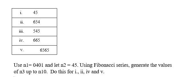i.
45
i.
654
111.
545
iv.
665
V.
6565
Use nl= 0401 and let n2 = 45. Using Fibonacci series, generate the values
of n3 up to n10. Do this for i., ii, iv and v.
