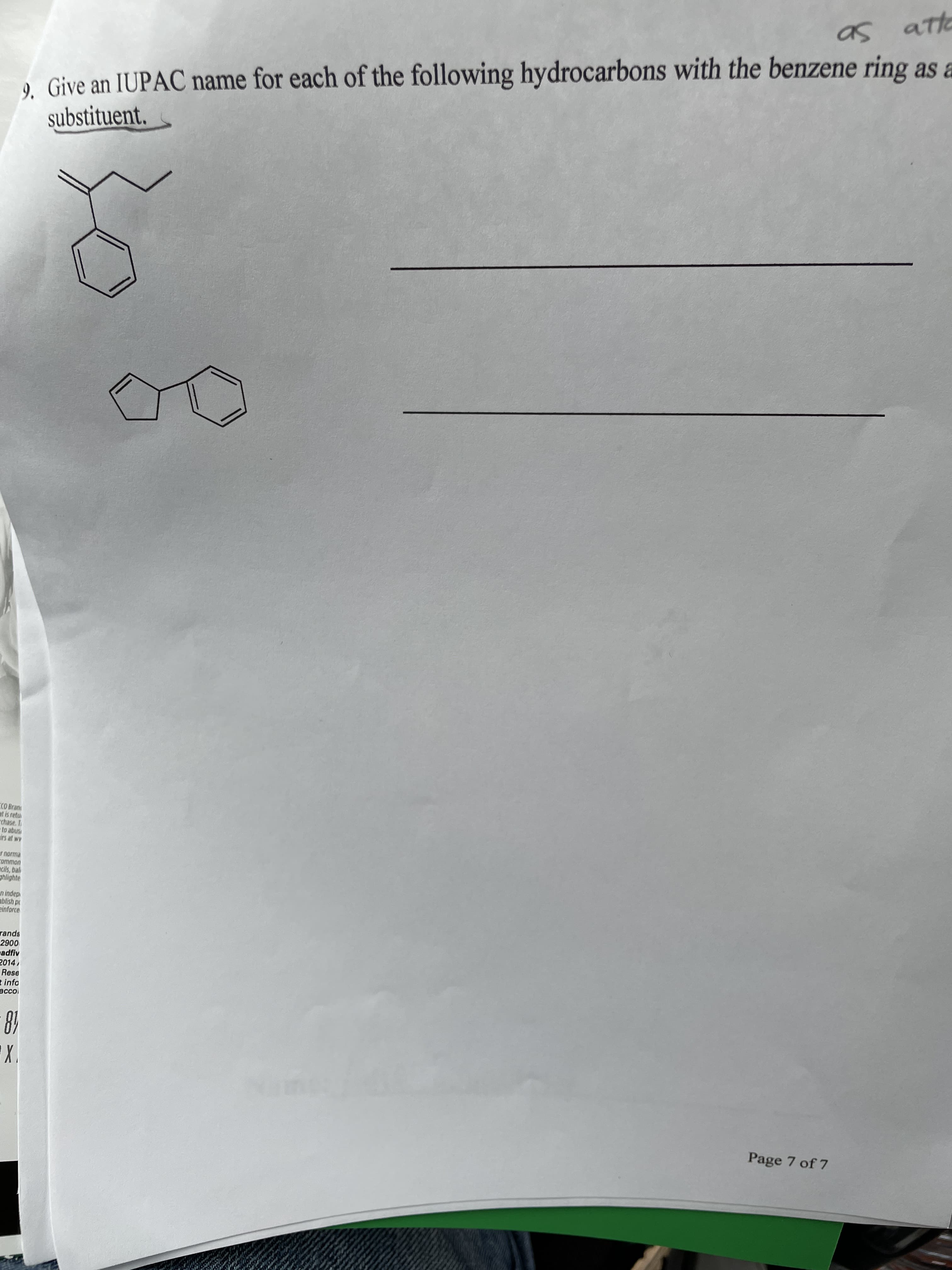 as ato
9. Give an IUPAC name for each of the following hydrocarbons with the benzene ring as a
substituent.
CO Bran
at is retu
chase. I
to abus
AM S
common
acils, bal
ghlighte
ablish p
zinforce
rands
00
2014,
Rese
info
acco
18
Page 7 of 7
