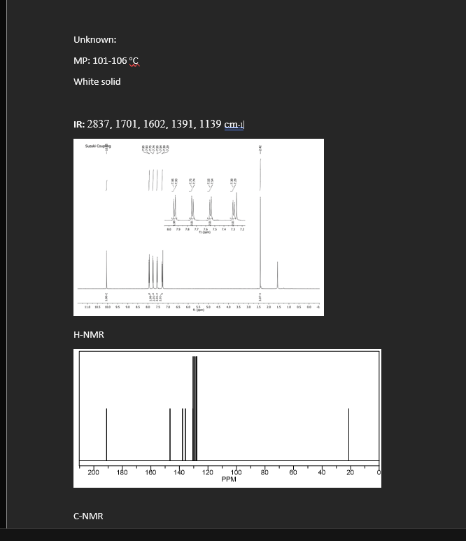 Unknown:
MP: 101-106 °C
White solid
IR: 2837, 1701, 1602, 1391, 1139 cm-l|
Su Cool
EEREEERR
|梦罗
e 4, 5 A3
ia s O S e AS 25 S
45
25 28
H-NMR
200
180
180
140
120
PPM
C-NMR
