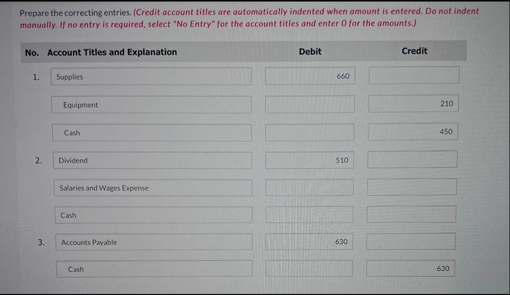 Prepare the correcting entries. (Credit account titles are automatically indented when amount is entered. Do not indent
manually. If no entry is required, select "No Entry" for the account titles and enter 0 for the amounts.)
No. Account Titles and Explanation
1.
2.
3.
Supplies
Equipment
Cash
Dividend
Salaries and Wages Expense
Cash
Accounts Payable
Cash
Debit
660
510
630
Credit
210
450
7
630