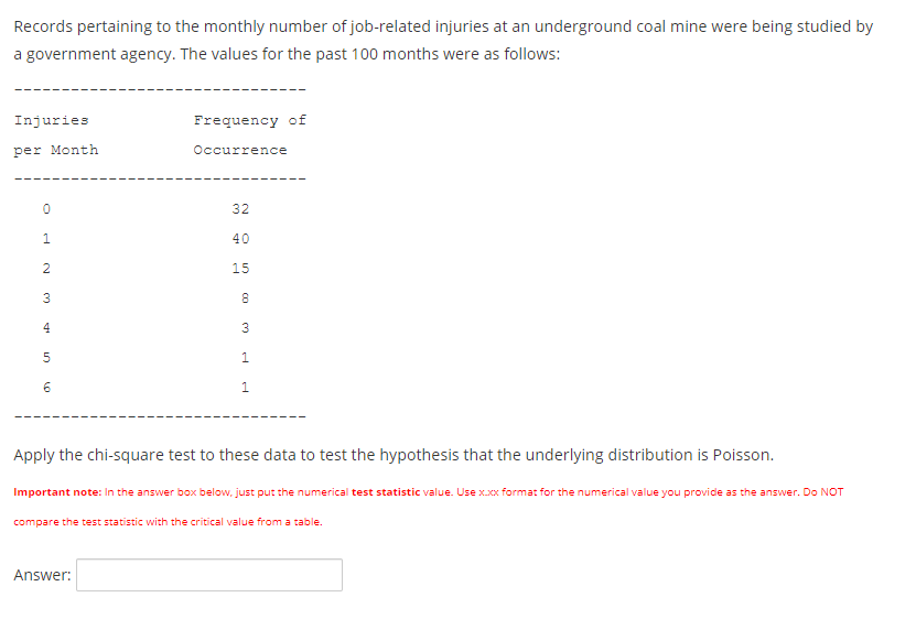 Records pertaining to the monthly number of job-related injuries at an underground coal mine were being studied by
a government agency. The values for the past 100 months were as follows:
Injuries
Frequency of
per Month
Occurrence
32
40
2
15
3
4
1.
1.
Apply the chi-square test to these data to test the hypothesis that the underlying distribution is Poisson.
Important note: In the answer box below, just put the numerical test statistic value. Use x.xx format for the numerical value you provide as the answer. Do NOT
compare the test statistic with the critical value from a table.
Answer:
