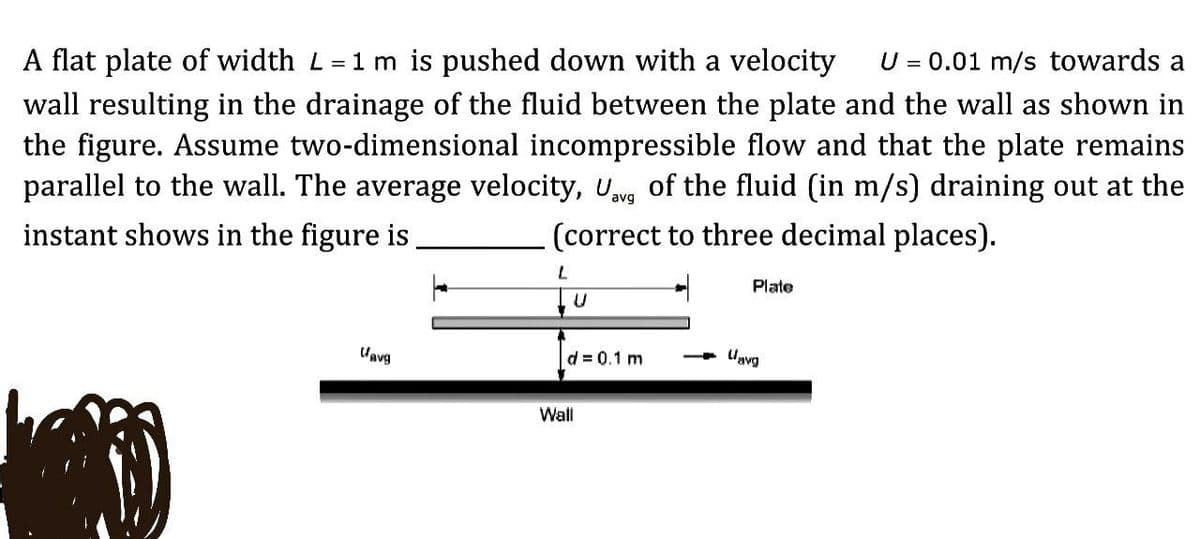 A flat plate of width L= 1 m is pushed down with a velocity
wall resulting in the drainage of the fluid between the plate and the wall as shown in
the figure. Assume two-dimensional incompressible flow and that the plate remains
parallel to the wall. The average velocity, Uvg of the fluid (in m/s) draining out at the
U = 0.01 m/s towards a
instant shows in the figure is
(correct to three decimal places).
Plate
d = 0.1 m
Uavg
Wall
