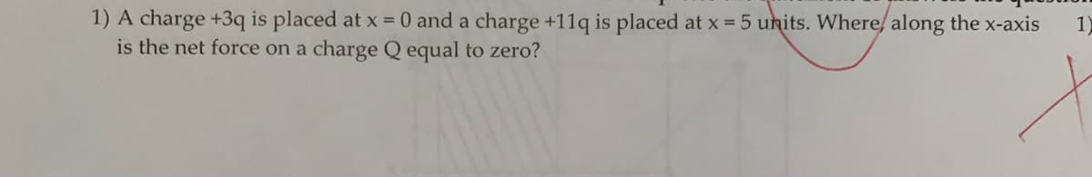 1) A charge +3q is placed at x = 0 and a charge +11q is placed at x = 5 units. Where/ along the x-axis
is the net force on a charge Q equal to zero?
1)