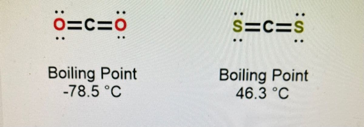 o=c=0
Boiling Point
-78.5 °C
S=C=S
Boiling Point
46.3 °C