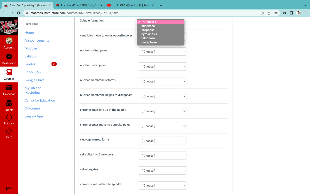 ↓
Quiz: Cell Cycle May 1 (homew X
→ C
WA
WESTMOORE
Jaguars
Account
Dashboard
Courses
Calendar
IX
貝
Inbox
History
Help
Practice MC and FRQ for 4/24 X
mooreps.instructure.com/courses/102272/quizzes/371184/take
K
2022-2023
Home
Announcements
Modules
Syllabus
Grades
Office 365
Google Drive
MyLab and
Mastering
Canva for Education
Outcomes
54
Seesaw App
Spindle formation
centrioles move towards opposite poles
nucleolus disappears
nucleolus reappears
(1) 3 | FRQ (Question 2) | Pract x | +
nuclear membrane reforms
nuclear membrane begins to disappears
chromosomes line up in the middle
chromosomes move to opposite poles
cleavage furrow forms
cell splits into 2 new cells
cell elongates
chromosomes attach to spindle
✓ [Choose ]
anaphase
prophase
cytokinesis
telophase
metaphase
[Choose ]
[Choose ]
[Choose ]
[Choose ]
[Choose ]
[Choose ]
[Choose ]
[Choose ]
[Choose ]
[Choose ]
>
21
=S