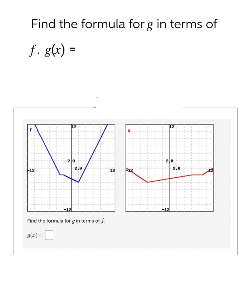 Find the formula for g in terms of
f. g(x) =
-12
12
2.0
12
2.0
2.0
12
12
2.0
-12
Find the formula for g in terms of f.
g(x)
=
-12