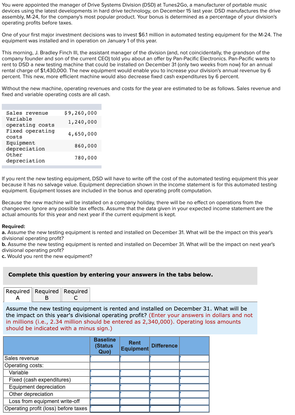 You were appointed the manager of Drive Systems Division (DSD) at Tunes2Go, a manufacturer of portable music
devices using the latest developments in hard drive technology, on December 15 last year. DSD manufactures the drive
assembly, M-24, for the company's most popular product. Your bonus is determined as a percentage of your division's
operating profits before taxes.
One of your first major investment decisions was to invest $6.1 million in automated testing equipment for the M-24. The
equipment was installed and in operation on January 1 of this year.
This morning, J. Bradley Finch III, the assistant manager of the division (and, not coincidentally, the grandson of the
company founder and son of the current CEO) told you about an offer by Pan-Pacific Electronics. Pan-Pacific wants to
rent to DSD a new testing machine that could be installed on December 31 (only two weeks from now) for an annual
rental charge of $1,430,000. The new equipment would enable you to increase your division's annual revenue by 6
percent. This new, more efficient machine would also decrease fixed cash expenditures by 6 percent.
Without the new machine, operating revenues and costs for the year are estimated to be as follows. Sales revenue and
fixed and variable operating costs are all cash.
Sales revenue
$9,260,000
Variable
1,240,000
operating costs
Fixed operating
4,650,000
costs
Equipment
depreciation
Other
860,000
780,000
depreciation
If you rent the new testing equipment, DSD will have to write off the cost of the automated testing equipment this year
because it has no salvage value. Equipment depreciation shown in the income statement is for this automated testing
equipment. Equipment losses are included in the bonus and operating profit computation.
Because the new machine will be installed on a company holiday, there will be no effect on operations from the
changeover. Ignore any possible tax effects. Assume that the data given in your expected income statement are the
actual amounts for this year and next year if the current equipment is kept.
Required:
a. Assume the new testing equipment is rented and installed on December 31. What will be the impact on this year's
divisional operating profit?
b. Assume the new testing equipment is rented and installed on December 31. What will be the impact on next year's
divisional operating profit?
c. Would you rent the new equipment?
Complete this question by entering your answers in the tabs below.
Required Required Required
A
Assume the new testing equipment is rented and installed on December 31. What will be
the impact on this year's divisional operating profit? (Enter your answers in dollars and not
in millions (i.e., 2.34 million should be entered as 2,340,000). Operating loss amounts
should be indicated with a minus sign.)
Baseline
(Status
Quo)
Rent
Difference
Equipment
Sales revenue
Operating costs:
Variable
Fixed (cash expenditures)
Equipment depreciation
Other depreciation
Loss from equipment write-off
Operating profit (loss) before taxes
