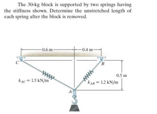 The 30-kg block is supported by two springs having
the stiffness shown. Determine the unstretched length of
each spring after the block is removed.
-0.6 m-
KAC = 1.5 kN/m
-0.4 m-
B
0.5 m
KAB = 1.2 kN/m